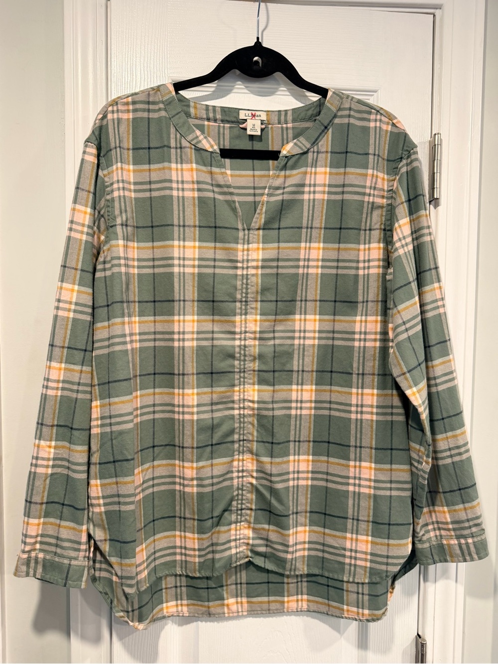 L.L.Bean Size M Plaid Cotton Tunic Shirt Sage Green Split Neck Long Sleeve